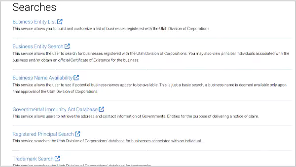 Searches on Utah Business Search Entity